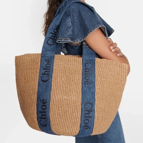 Chloe Tan and Blue Tote Bag Denim Accents Rare sold out - Picture 2 of 7